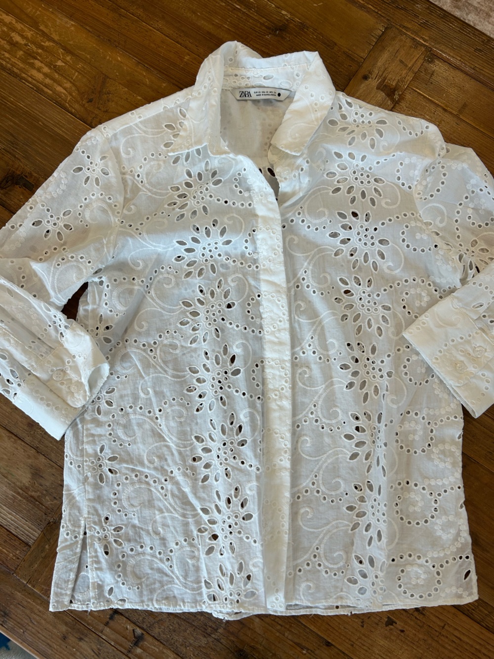 Zara White Eyelet Button-Down Shirt
